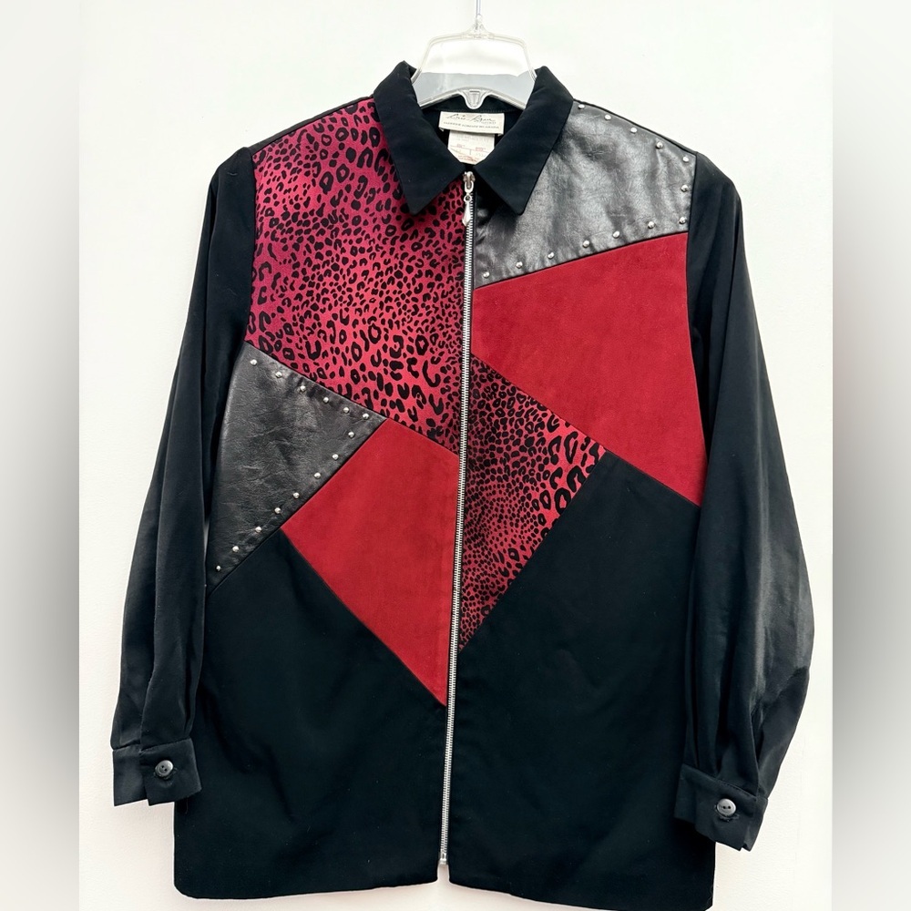 Vintage Eric Ryan Sport Red and Black Shirt Jacket with Geometric Patch Design